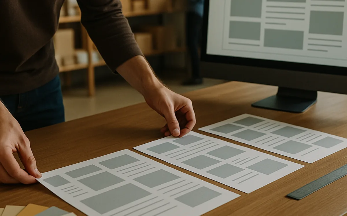 A designer laying printed theme layout sheets side by side on a desk
