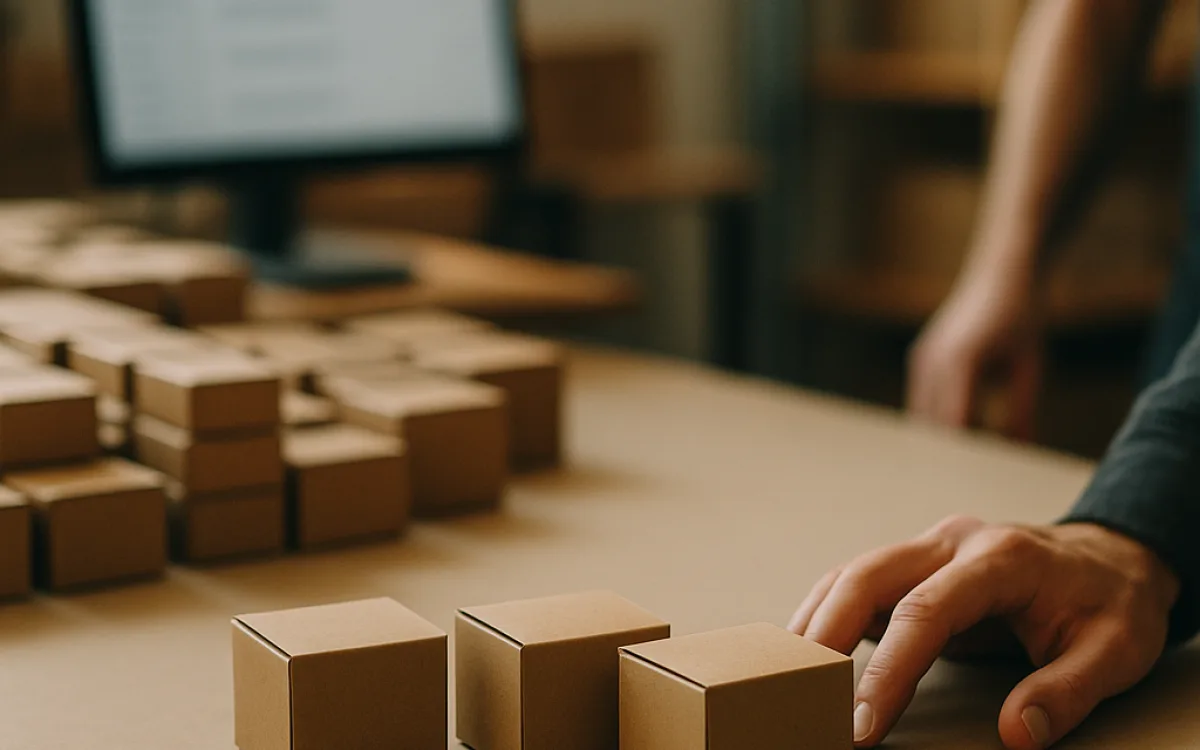 A workbench with many small boxes and only three selected and set apart