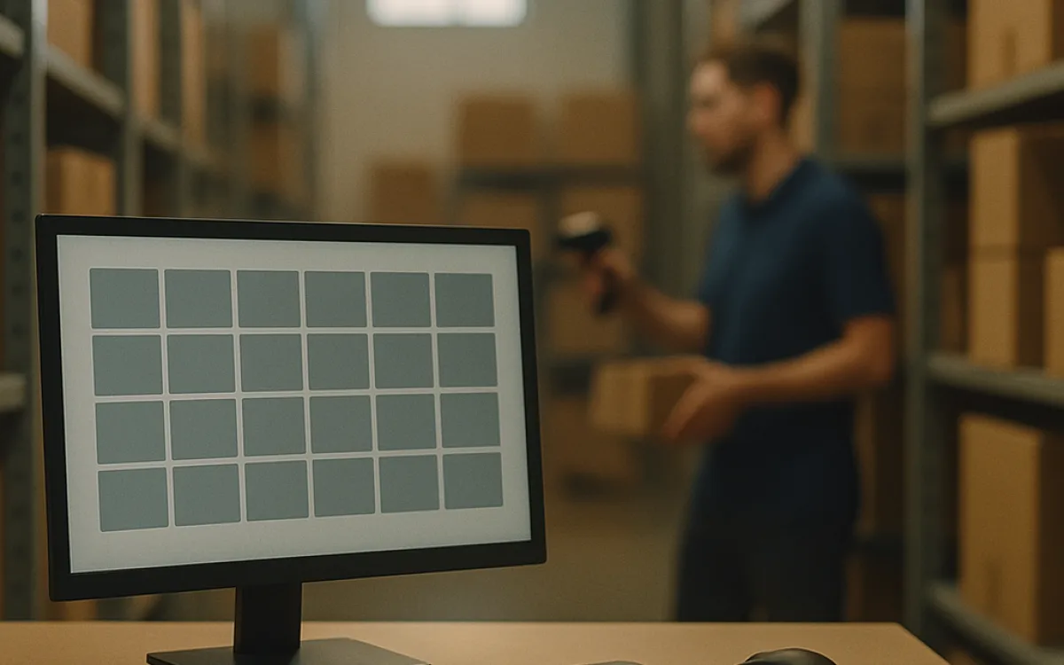A warehouse desk where a screen and shelves of stock face each other