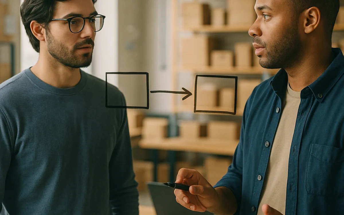 Two developers reviewing a split diagram of a separated storefront and back office
