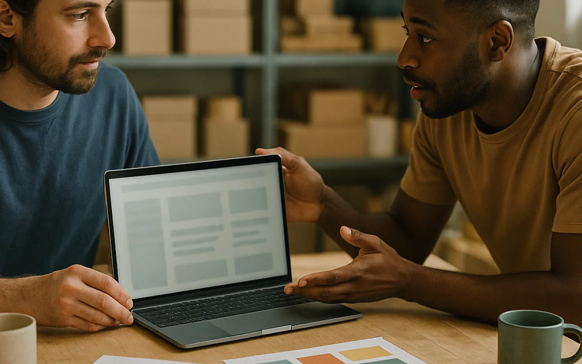 An interview at a workshop table with a laptop showing a sample theme structure