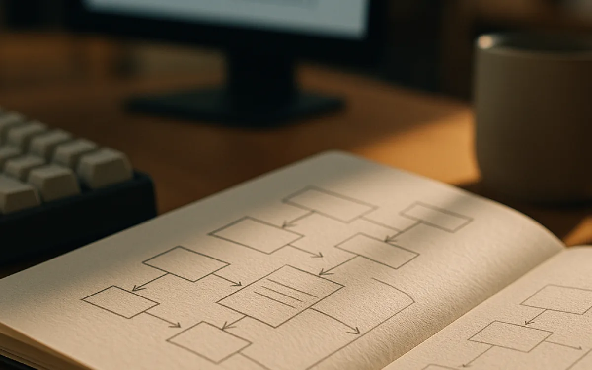 A close-up of a notebook with a template structure sketched in pencil beside a keyboard