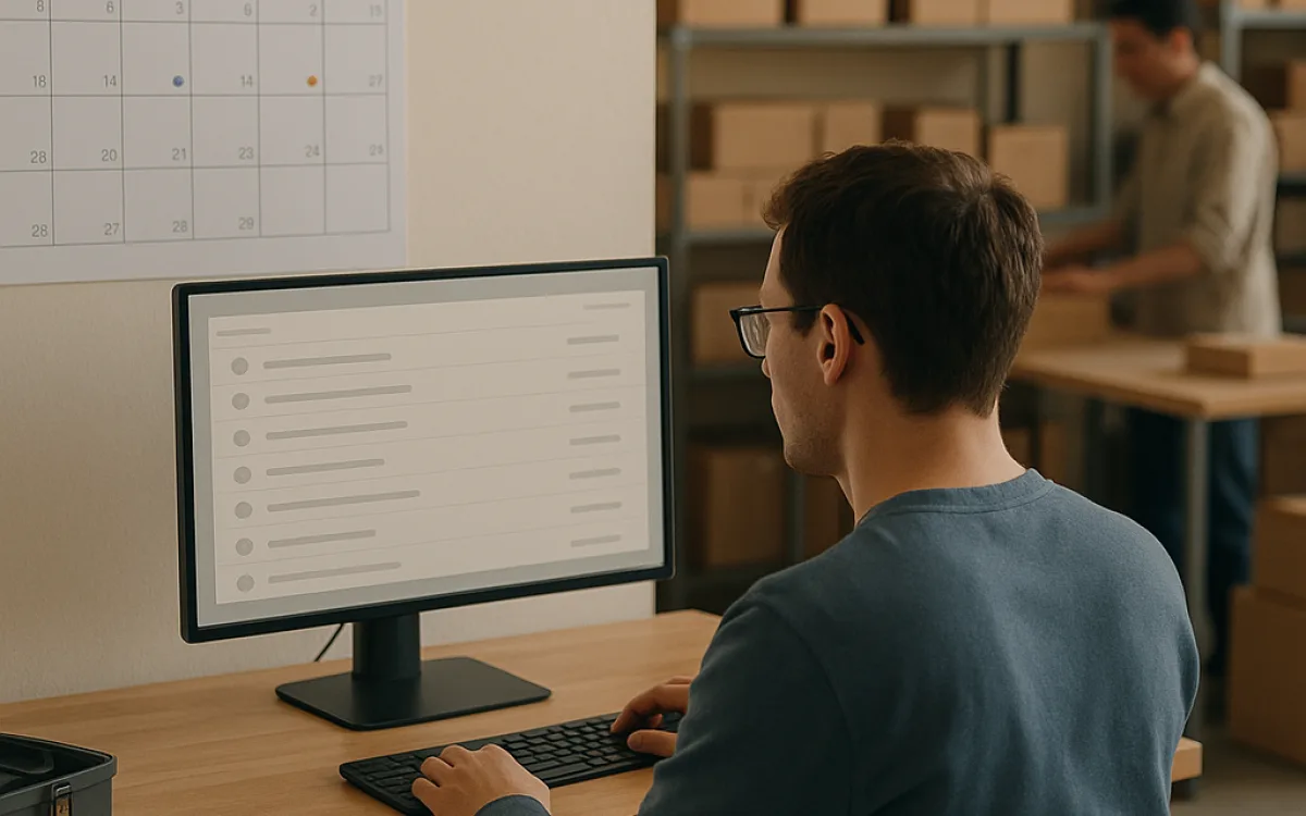 A maintenance calendar on a wall beside a developer reviewing a checklist on screen