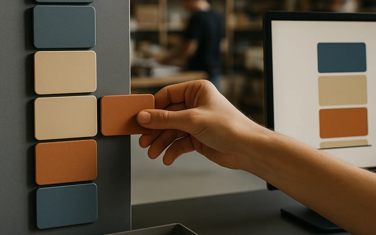 Modular panels being rearranged on a magnetic board next to a monitor