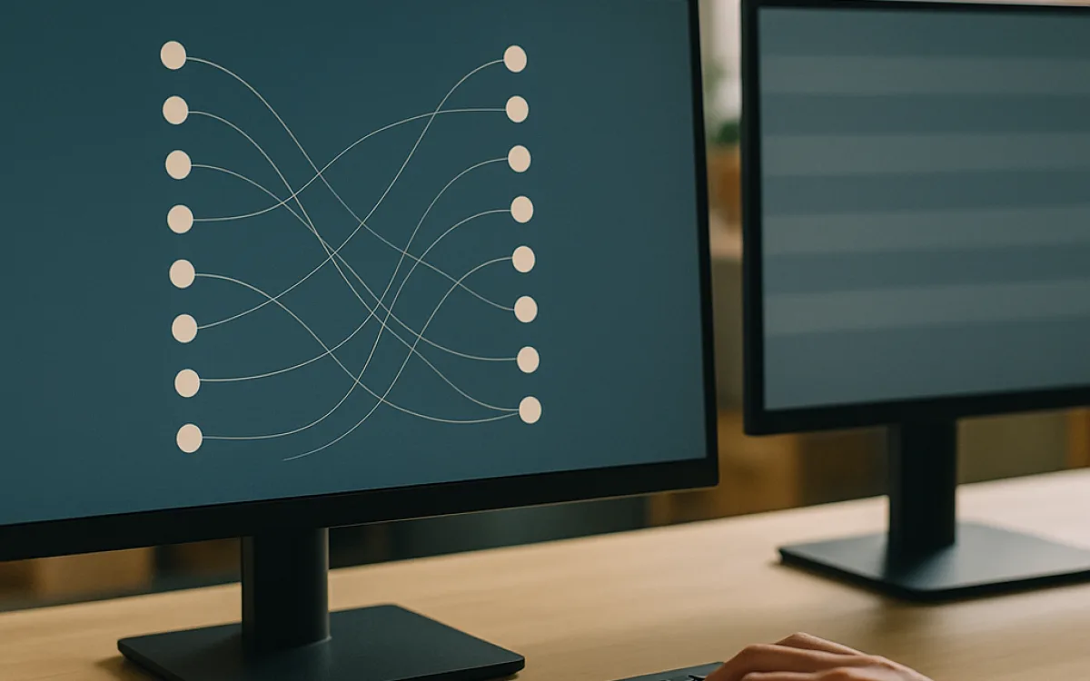 A monitor showing streams of abstract events flowing between two systems