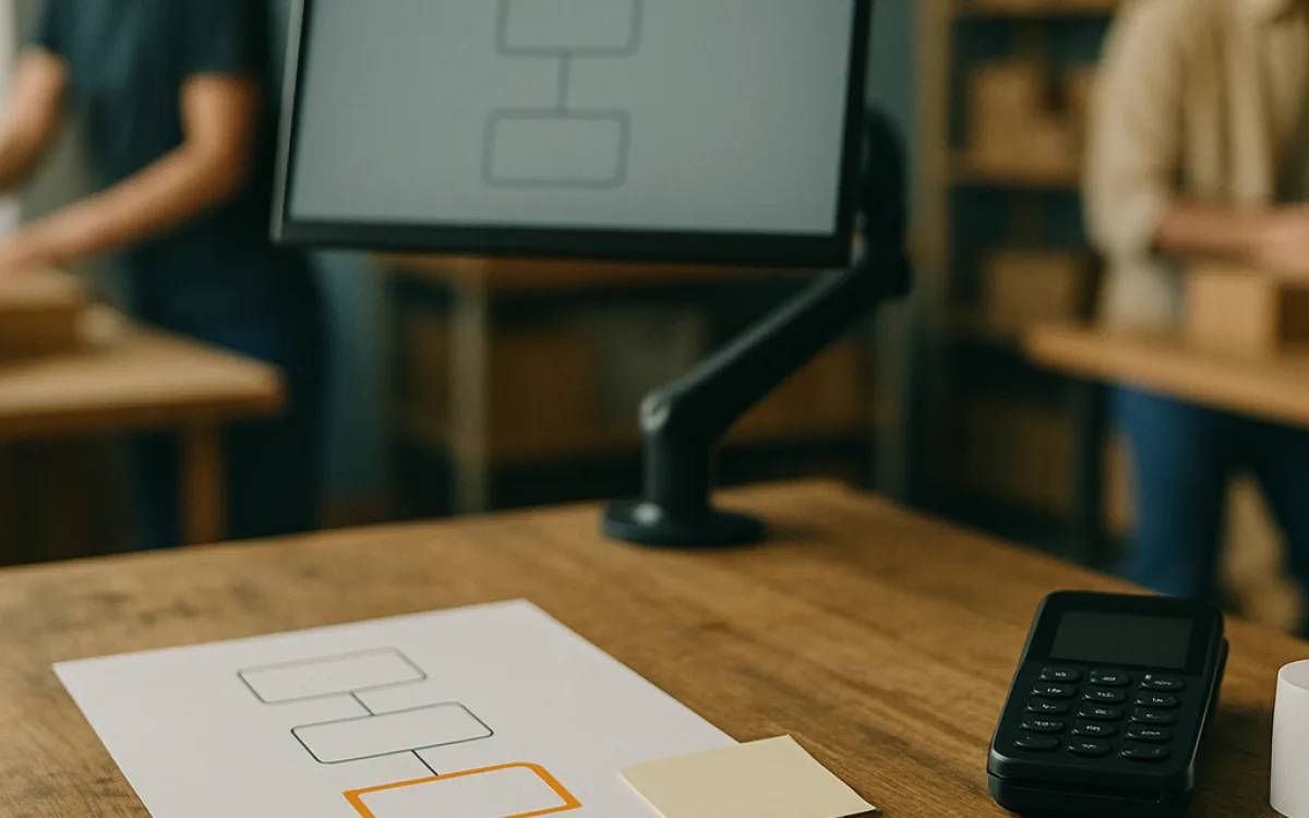 A short printed purchase flow on a desk with one step marked for extension