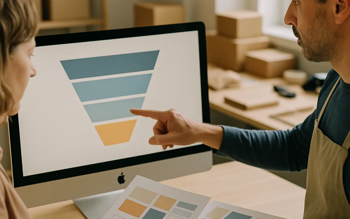 Two people reviewing a funnel chart narrowing towards a small final step