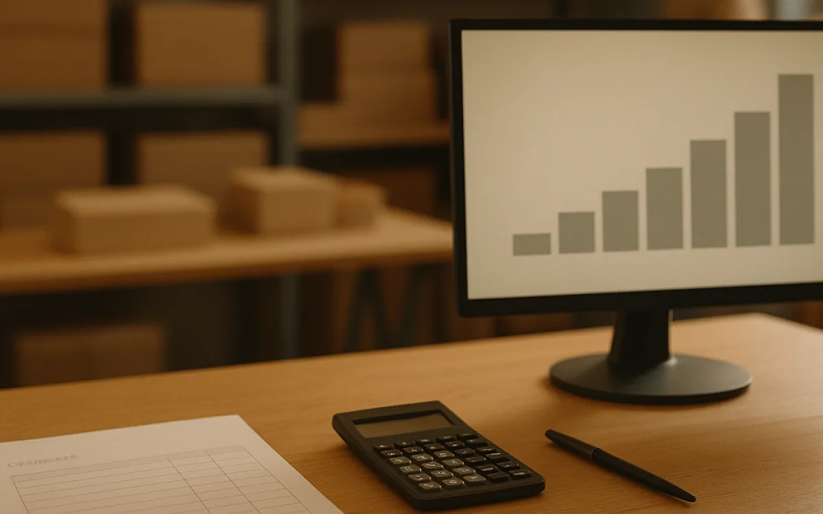 A desk with a build estimate on paper and a running-cost column on screen