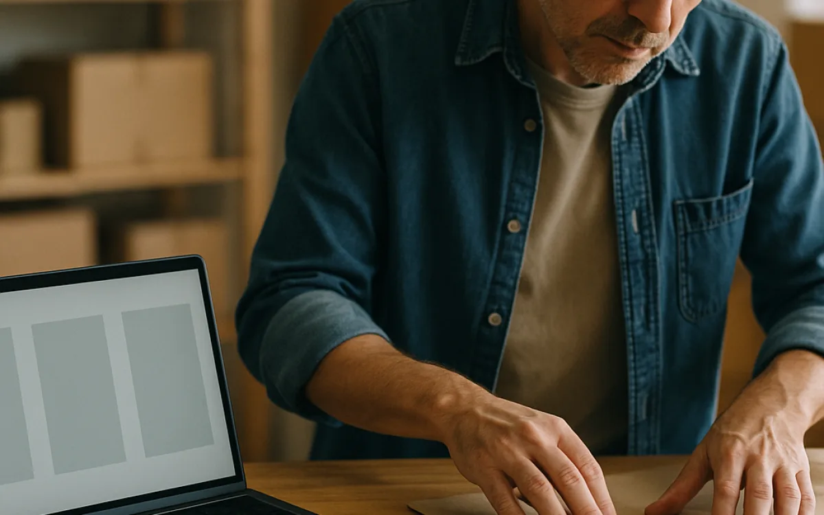 A shop owner comparing subscription tiers on a laptop with a calculator and receipts on the desk