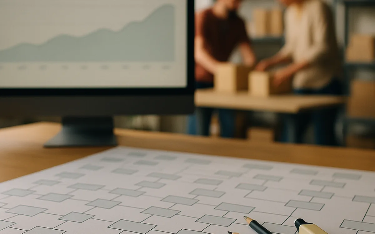 A desk with a printed site structure tree and a monitor showing a rising line