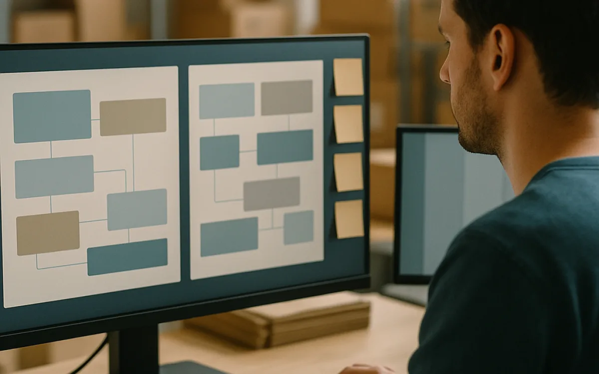 A developer merging two versions of a theme layout shown as stacked panels on screen