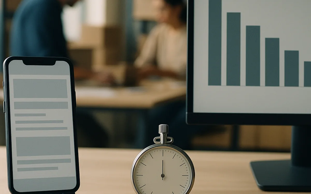 A phone on a stand beside a monitor showing a bar chart of loading times