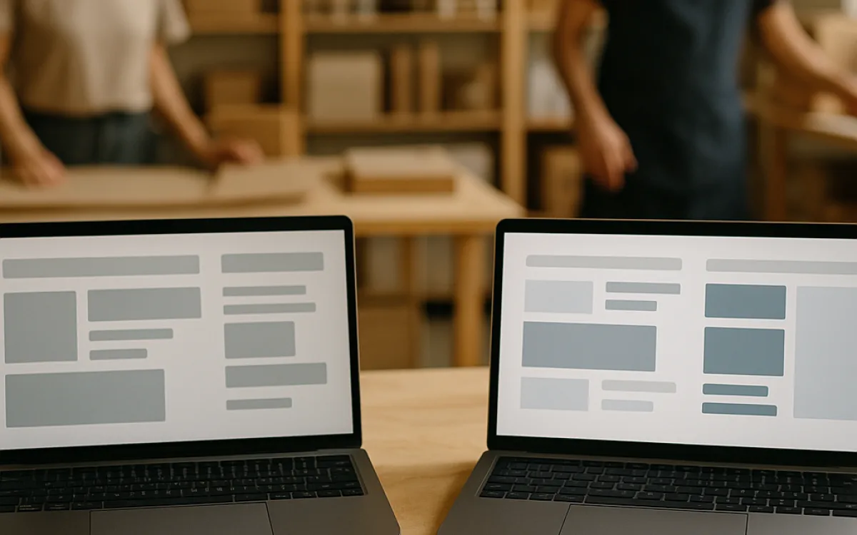 Two laptops side by side on a table showing two different abstract store layouts