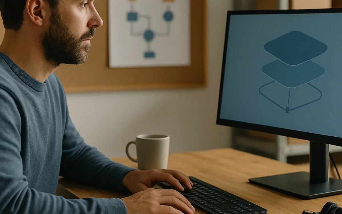 A developer at a desk with a theme layout on screen and a printed checkout flow beside the keyboard