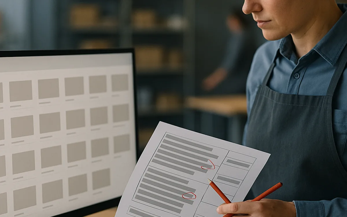 An engineer holding a printed rules sheet against a screen showing a rigid product structure