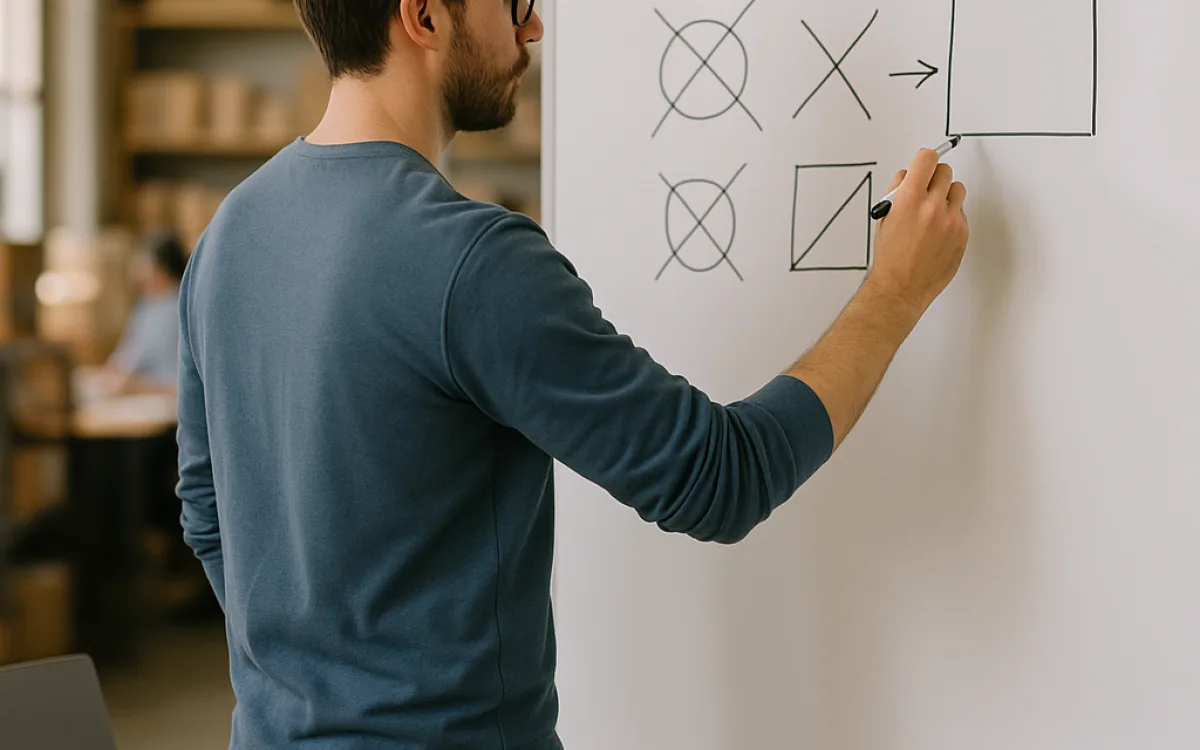 A developer sketching a single-purpose tool diagram on a whiteboard